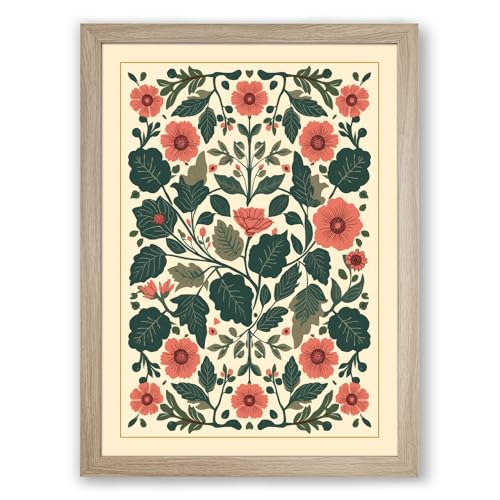 Symmetrical Floral Tapestry Botanical Framed Wall Art Print A3 (42×29.7cm) Oak, Wall Decor for Living Room, Bedroom, Office & Home, Ready to Hang, Art Gift