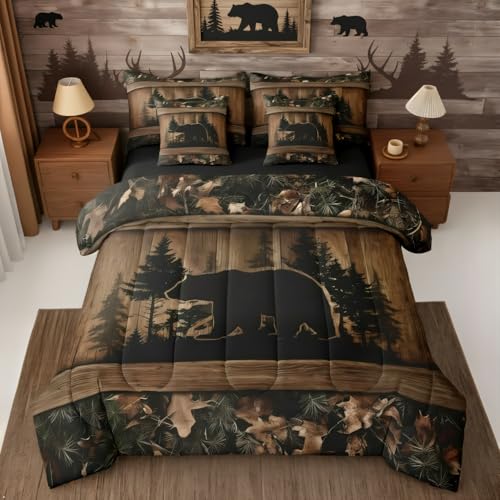 Erosebridal Farmhouse Black Bear Queen Comforter Set with Sheets 7 Piece Rustic Camo Bed in A Bag Country Cabin Lodge Bedding Sets for Kids Adults,Woodland Animal Bed Set