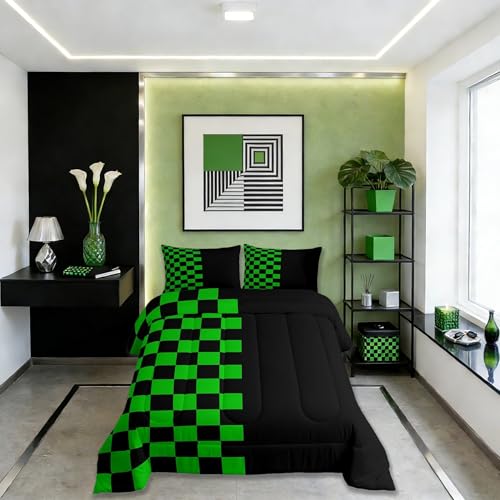 Geometric Plaid Kids Comforter Set Twin Size,Patchwork Grid Video Games Bedding Set Boys Room Decor,Simple Lattice Abstract Quilt Comforter,Black & Green Duvet Set Bedroom Quilt Set,1 Pillowcase