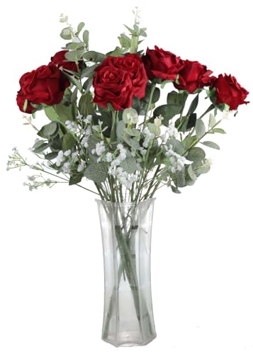 22PCS Mixed Artificial Rose Flowers and Gypsophila and Artificial Eucalyptus Stems Bouquet, Fake Rose Baby Breath Rose Flowers Greenery Plants for Home Garden Party Floral Craft Art Decor, (Red)