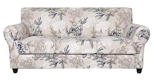 SearchI Stretch Sofa Cover Printed Couch Cover, Floral Pattern 4 Pieces Sofa Slipcover with 3 Separate Cushion Cover, Washable Furniture Protector for Living Room(Sofa, Flower Shadow)