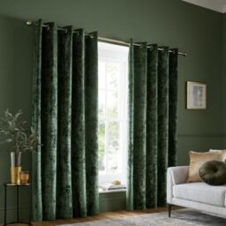 Catherine Lansfield Crushed Velvet 46x72 Inch Eyelet Curtains Olive Green