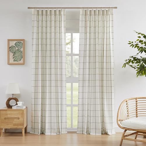 "Vision Home Sage Green Plaid Linen Pinch Pleated Semi Sheer Curtains Checkered Light Filtering Window Panels 90 inches Long for Living Room Bedroom Rustic Pleat Drapes with Back Tab Hooks 40"" Wx90""Lx2"