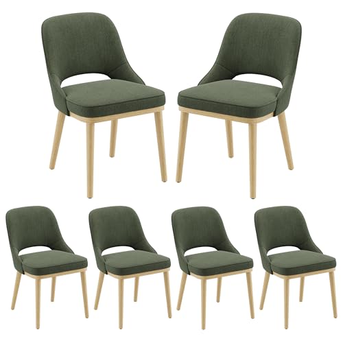 Dining Chairs Set of 6, Upholstered Dining Room Chairs with Chenille Fabric, Ergonomic Backrest, High Density Cushion & Rubber Wood Frame, Modern Kitchen Chairs for Dining Room, Living Room, Green