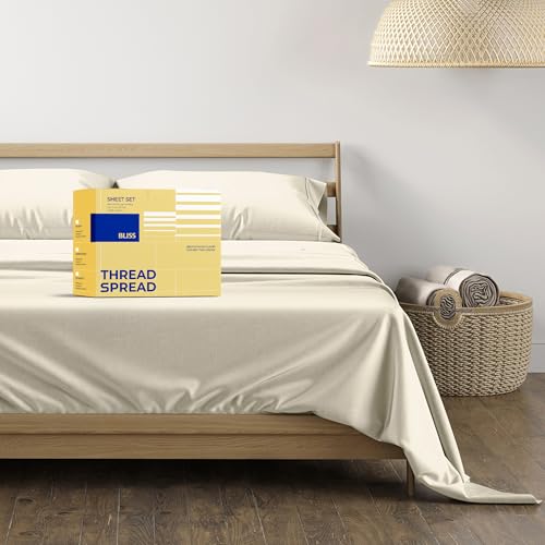 "THREAD SPREAD Egyptian Cotton Sheets King Size - 600 Thread Count Sheets King 4 PC Luxury Sheet, 16"" Deep Pocket, Soft, Cooling Sateen Weave Hotel Luxury Bed Sheets Set - Ivory"