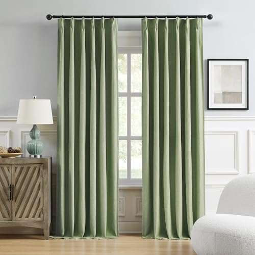 DUALIFE Sage Green Pinch Pleated Blackout Curtains 40 x 63 Inches Long, Back Tab Drapes for Living Room Bedroom Thermal Insulated Full Blackout Draperies with Hooks