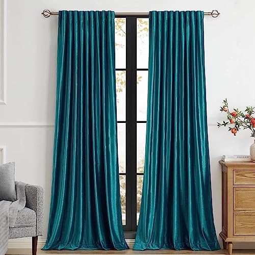 Teal Velvet Curtains 120 inch Long for Living Room,Luxury 2 Panels Room Darkening Rod Pocket Back Tab Curtain Bluish Green Elegant Thermal Insulated Soundproof Decorative Window Drapes for Bedroom