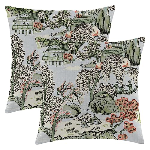 Wsunsal Chinoiserie Pillow Cover 16x16 Inch Set of 2, Asian Scenic Coral Green Blue Throw Pillows Farmhouse Chinoiserie Outdoor Decorative Pillowcase Linen Cushion Cover for Home Sofa Bedroom