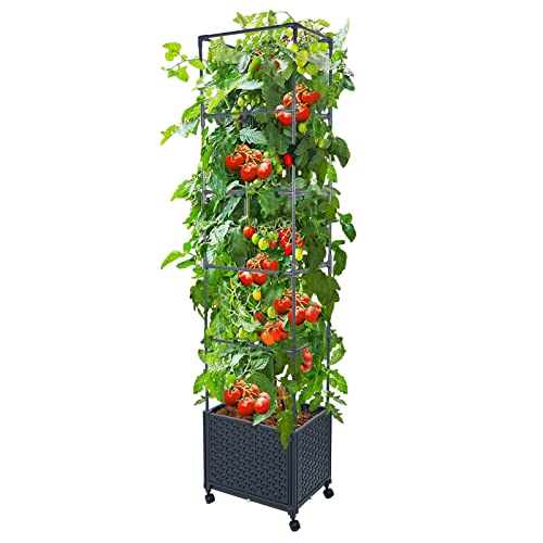 "GREEN MOUNT Raised Garden Bed Planter Box with Trellis for Climbing Vegetables Plants, 67.6"" Outdoor Tomatoes Planters Tomato Cage w/Wheels"