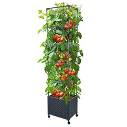 "GREEN MOUNT Raised Garden Bed Planter Box with Trellis for Climbing Vegetables Plants, 67.6"" Outdoor Tomatoes Planters Tomato Cage w/Wheels"