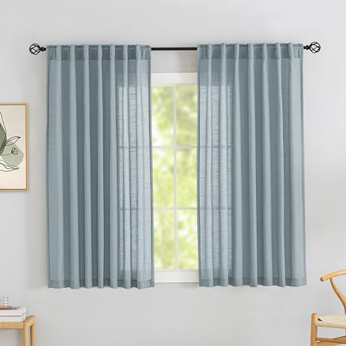 DONREN Stone Blue Back Tab Curtains 54 Inches Long 2 Panels for Guest Room -Elegant Modern Country Semi Sheer Privacy Drapes Hooks Belt Light Filtering Playroom Curtains W52 x L54