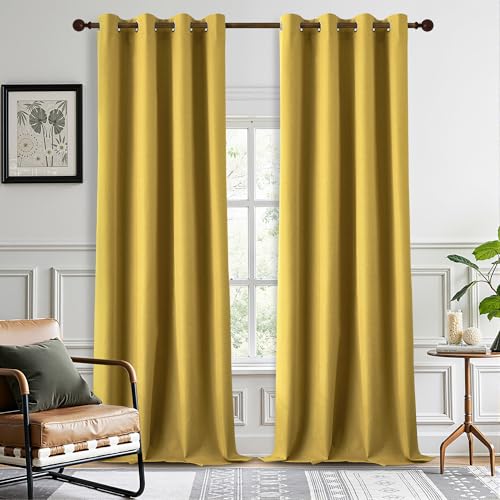 DONREN Thermal Insulated Linen Full Blackout Curtains 52x132 Inches, Grommet Room Darkening Drapes for Bedroom & Living Room, 2 Panels, Gold Yellow