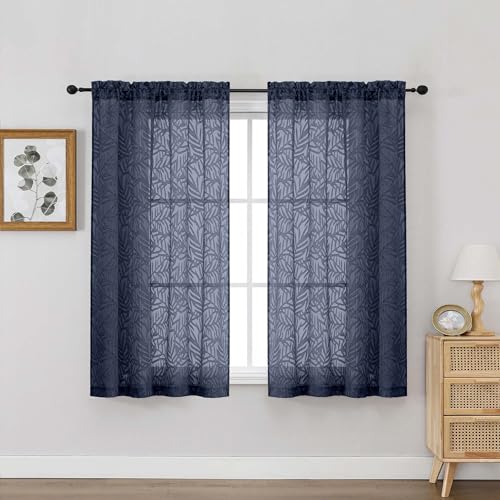 OVZME Navy Blue Sheer Curtains 54 Inch Length 2 Panels, Soft Airy Light Filtering Breathable Leaf Jacquard Textured Short Drapes for Bathroom Bedroom Windows, Dual Rod Pocket, 2x42Wx54L Inches