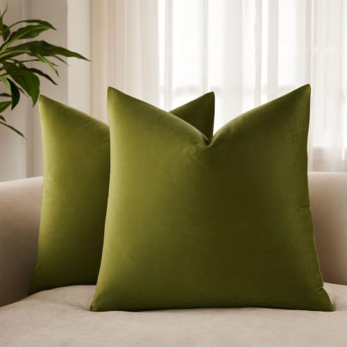 JUSPURBET 24x24 Decorative Velvet Throw Pillow Covers Set of 2,Olive Green - Modern Soft Cushion Covers Cases with Invisible Zipper for Couch Sofa Bed Living Room Bedroom Home Decor