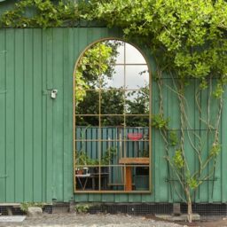 "MirrorOutlet The Fenarc - Gold Metal Framed Modern Arched Garden Wall WIndow Mirror 71"" X 35"" (180CM X 90CM) Gold. 2cm Wide Frame and 3cm Deep. Perfect for Home and Garden"