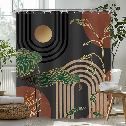 Brown Abstract Mid Shower Curtain Boho Retro Tropical Bathroom Curtain Set - Century Palm Tree Sun Arch Modern Aesthetic Geometric 72Wx78L Bathroom Decor Waterproof Fabric with Free Hooks