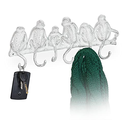 Relaxdays Wall-Mounted Coat Rack, Monkey Design, Cast Iron, 6 Hooks, Antique Look, Key Hanger, 14.5 x 36.5 x 4 cm, White