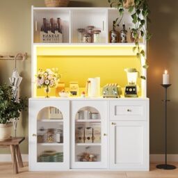 Ball & Cast Tall Kitchen Cupboard with LED, Tall Storage Cabinet with Glass Sliding Doors, Kitchen Cabinets with Adjustable Shelves, for Dining Room, Living Room, 120×35×167cm (White)