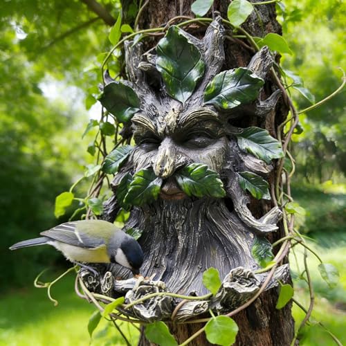 KARSTSYLVA Garden Tree Face Decoration, Outdoor Whimsical Forest Spirit Sculpture with Green Leaves, Tree Art Hanging Ornament Bird Feeder