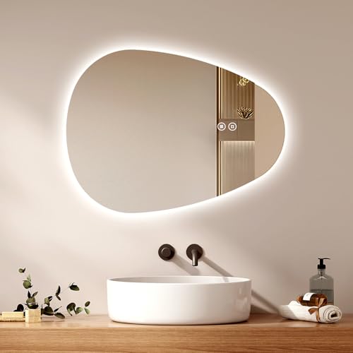 EMKE Asymmetrical Bathroom Mirror with LED Lights 60 x 45 cm, Irregular Smart Demister Pad, 3 Colours Dimmable, Touch Switch Memory Function Lead