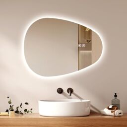 EMKE Asymmetrical Bathroom Mirror with LED Lights 60 x 45 cm, Irregular Smart Demister Pad, 3 Colours Dimmable, Touch Switch Memory Function Lead