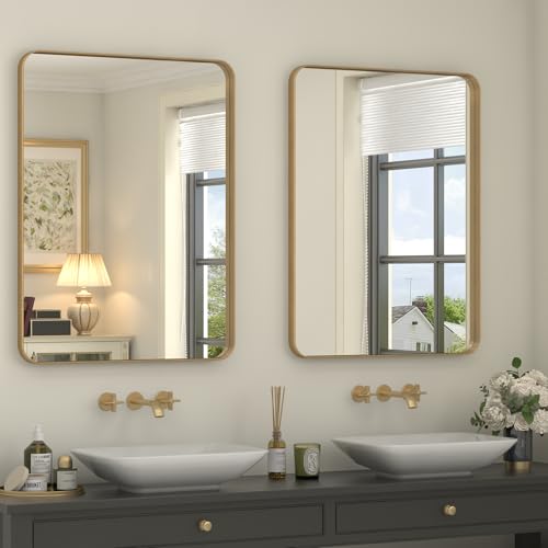 CHARMOR 2 Pack of 24x30 Gold Bathroom Mirror, Rounded Rectangle Gold Frame Mirror, Brushed Gold Brass Bathroom Vanity Mirror Wall-Mounted, Anti-Rust, Hangs Horizontally or Vertically