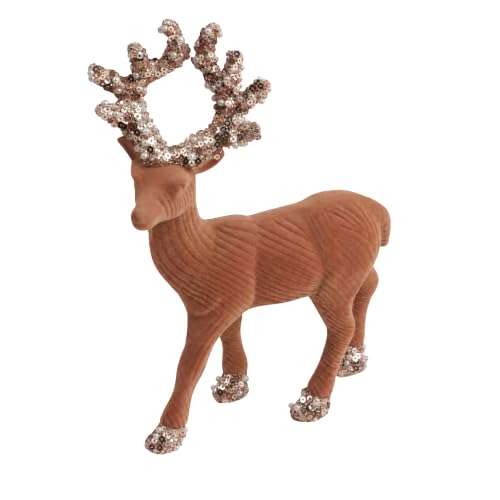 Christmas Velvet Reindeer Figurine 20cm - Dusky Brown Flocking Deer Ornament with Sequin Glitter Antlers - Festive Table Decoration for Mantel, Shelf, Centerpiece and Home Décor