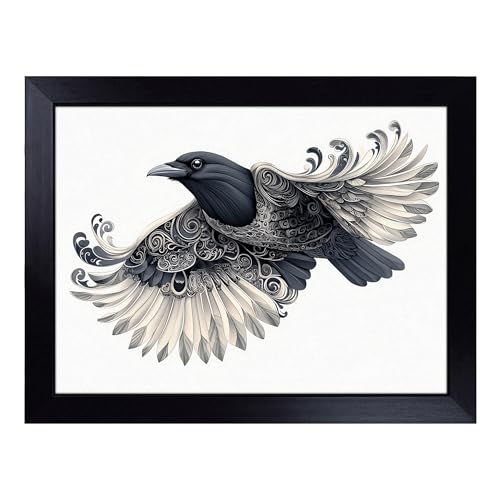 Lap Tray with Bean Bag Cushion, Crow Bird - Handmade in the UK, Raised Wooden Edge, Padded Cushion, Heat-Resistant Wipe-Clean Surface, for Meals, Laptops and Crafts