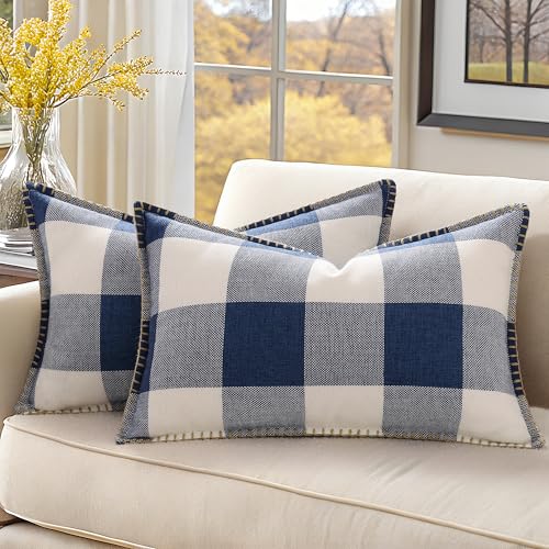 decorUhome Fall Plaid Linen Throw Pillow Covers 12x20 Set of 2 Navy Blue - Buffalo Check Cozy Decorative Farmhouse Gingham Pillow Cases with Stitched Edge for Bed Couch Sofa Classic Modern Accent