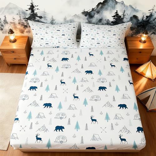 Camper Car Tent Fitted Sheet Twin Size,Deer Pine Tree and Lake Boat Paddle Print Bedding Set Kids Teens Adult Room Decor,Camping Hunting Bed Sheets White Green Navy Deep Pocket Sheet,1 Pillowcase
