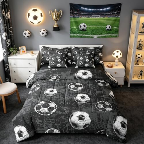 Feelyou Boys 3D Soccer Comforter Set with Sheets Twin Size 7 Pieces Kids Football Bedding Set for Girls Teens Sports Ball Gaming Bed in a Bag Room Decor
