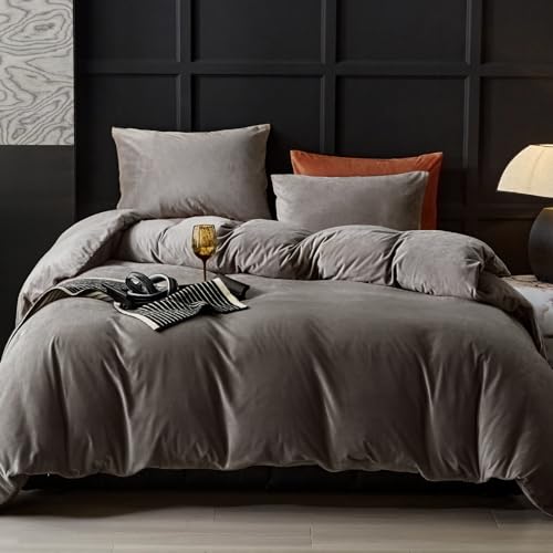 WARMDERN Khaki Flannel Velvet Duvet Cover King Size, 3-Piece - Ultra Soft Touch, Luxury Texture, Modern Crystal Velvet, Hidden Zipper, 4 Ties, Breathable Lightweight Washable Bedding Set