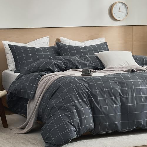 JELLYMONI 100% Natural Cotton 3pcs Plaid Duvet Cover Sets,Black with White Grid Geometric Pattern Printed Comforter Cover, with Zipper Closure & Corner Ties(Queen Size)