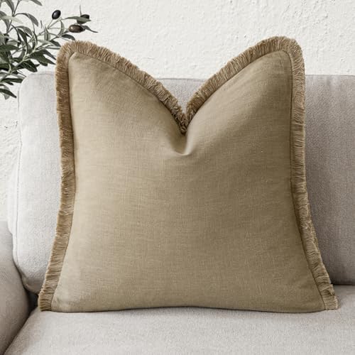 Foindtower Decorative Linen Fringe Throw Pillow Covers Boho Farmhouse Cushion Cover with Tassels Soft Accent Pillowcase for Chair Sofa Bed Living Room Home Decor, 24??24 Inch, 1PC,Light Khaki Taupe