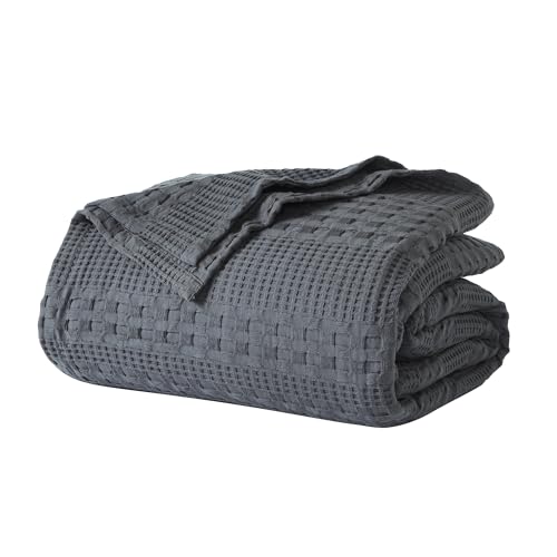"VHC Brands 100% Cotton Waffle Weave Twin Blanket 66""x90"", Decorative Lightweight Spring and Summer Throw Blanket, Bedroom Decor for Bed, Couch, or Sofa, Dark Grey"