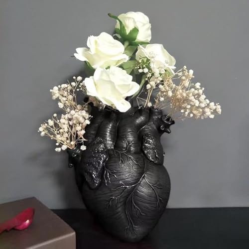 Aprjv Vase Flower Vases Heart Shaped Decor Resin Flower Pot Modern Unique Nordic Art Style Decorative Vase for Home Wedding Gift Desktop Living Room Decoration - Black