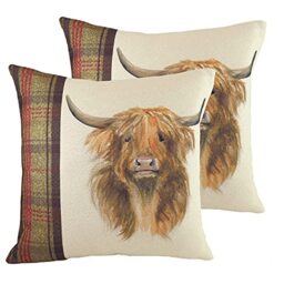 furn. Hunter Highland Cow Twin Pack Polyester Filled Cushions, Natural, 43 x 43cm