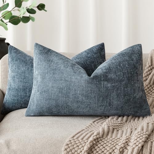Foindtower Pack of 2 Textured Chenille Throw Decorative Pillow Covers Square Accent Solid Cushion Cover Neutral Farmhouse Lumbar Pillow Case for Couch Sofa Bedroom Living Room 12x24 Inch,Blue