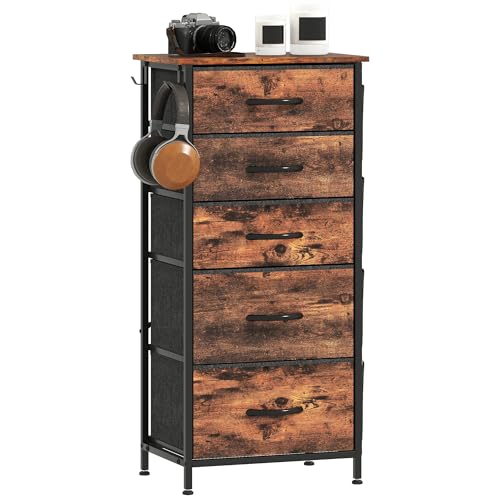 HOMCOM Chest of Drawers, Dresser for Bedroom with 5 Fabric Drawers, Tall Storage Unit with 4 Pockets, 2 Hooks and Steel Frame for Living Room, Hallway, Rustic Brown