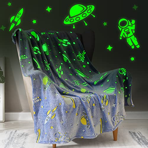 "Jekeno Glow in The Dark Blanket Space Gifts for Boys - Glowing Star Astronaut Spaceship Rocket Planet Soft Plush Galaxy Throw Blanket Gift Ideas for Kids Teens Girls Boy Birthday Christmas 50"" x 60"""
