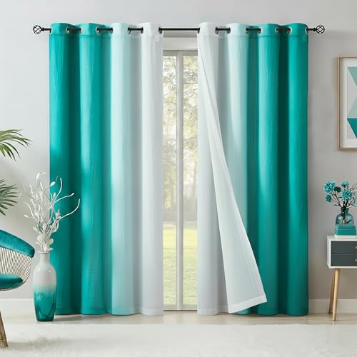 "Teal Blackout Curtains with Ombre Sheers Overlay 84 Inch Long for Living Room Bedroom Decor, Mix and Match Double Layer 90% Blackout Window Drapes for Children Room, Nursery, Grommet Top, 52""W, 4Pcs"