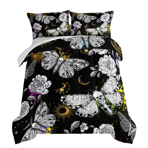 HOSIMA Death Moth Skull Heads Twin Comforter Horror Theme Halloween Bedding,Goth Bedding Butterfly Bed Set Twin Bed in a Bag Sets for Adults Boys Girls Room Decor Black Comforter Set.