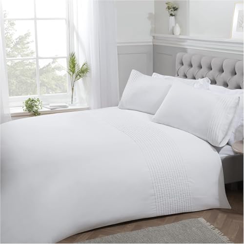 Sleepdown Pintuck Pleated Striped Panel White Luxury Easy Care Soft Cosy Duvet Cover Quilt Bedding Set with Pillowcases - White, Double (200 cm x 200 cm)