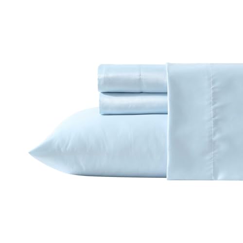 Laura Ashley - King Sheet Set, 100% Soft & Silky Smooth Satin Bed Sheets, Deep Pockets, Bedding with Matching Fitted Sheet & Pillowcases (Bliss Blue)