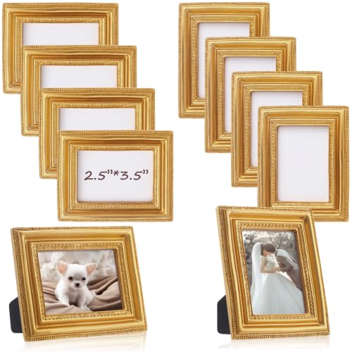 Qunclay 10 Small Gold Black White Picture Frames Pack Mini Retro 2. 5x3. 5 Antique Tiny Ornate Photo Frames for Wall Hanging Tabletop Display Home Gallery Decor (Gold,Classic)