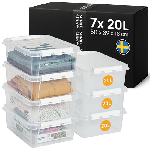 SmartStore Storage Boxes with Lids - 7x large 20L box - 50x39x18cm - Stackable plastic storage box with lid for garage & loft - big clear food-safe plastic boxes for shelves - crates, tubs, bins