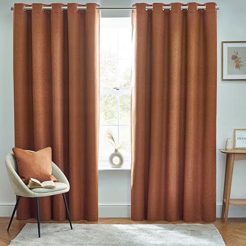 furn. Dawn Textured Blackout Eyelet Curtains – Thermal Lined Pair (Brick - Width 168 x Drop 183cm)