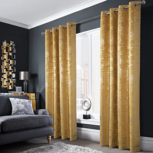 always4u 100% Blackout Soft Velvet Curtains for Bedroom Living Room Thermal Energy Saving 84 Inches Long Luxury Gold Foil Print Drapes 2 Panels Yellow