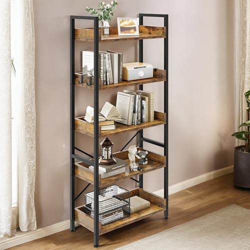 YITAHOME 5 Tier Bookcase, Floorstanding Wooden Shelves with Stable Steel Frame Shelving Unit, Industrial Storage Organizer Shelf with 4 Hooks for Living Room Home Office, Rustic Brown