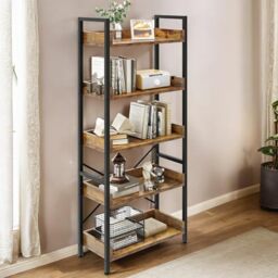 YITAHOME 5 Tier Bookcase, Floorstanding Wooden Shelves with Stable Steel Frame Shelving Unit, Industrial Storage Organizer Shelf with 4 Hooks for Living Room Home Office, Rustic Brown